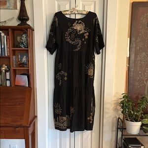 Johnny Was Black and Gold Midi Dress with Crew Neck